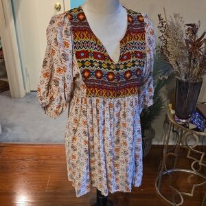 Boho Floral Mix-Print Women’s Peasant Top Dress - Cream & Multi
